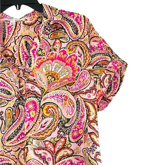 Single Thread Pink Paisley Satin Like Top with Collar, Paisley Print Blouse S - Picture 5 of 14